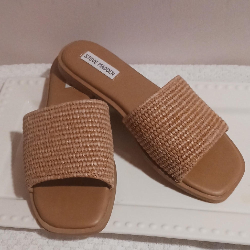 ⚜️Steve Madden Tan Woven Slide Sandals 9.5 🌾⚜️🌾*New* - Picture 7 of 9